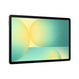 Samsung Galaxy Tab S10FE WiFi 128GB Silver tablet, angled front view showing teal and yellow abstract display on screen