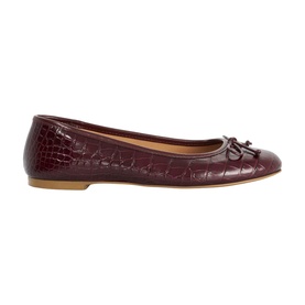 Dune burgundy croc-embossed leather ballet flat with bow detail and tan sole