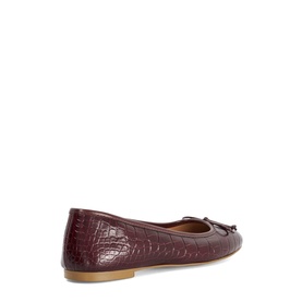 Dune burgundy croc-embossed leather ballet flat with bow detail and tan sole, rear three-quarter view.