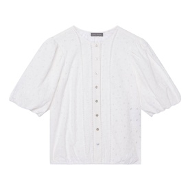 Mint Velvet Dial Broderie Textured Blouse in white, crew neckline, short puff sleeves, lace trim, front button fastenings