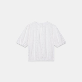 Mint Velvet Dial Broderie Textured Blouse in white, crew neck, short puff sleeves, elasticated waistband, broderie detailing