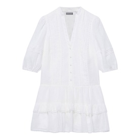 White broderie anglaise mini dress with V-neck, button front, puff sleeves, and tiered skirt with lace trim detailing