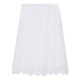 White A-line midi skirt with delicate scalloped lace trim along the hem, lightweight fabric, no model