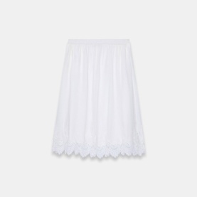 White midi skirt with scalloped broderie anglaise hem trim, elasticated waist, semi-sheer layered fabric