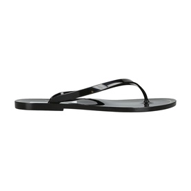 Black patent flip flop sandal with slim toe-post strap and flat sole, side profile view