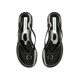 Black thong sandals with slim straps, silver-tone hardware detail at toe post, and clear platform sole, overhead flat-lay view.