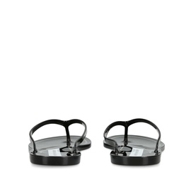 Black jelly thong flip flops with patent finish, T-bar strap, and slim flat sole, shown from rear angle as a pair
