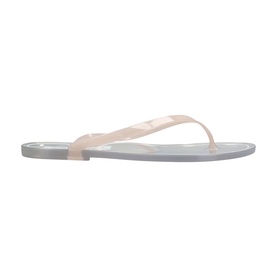 Christopher Esber flip flop sandal in multi, featuring nude patent thong strap and clear grey sole, side profile view