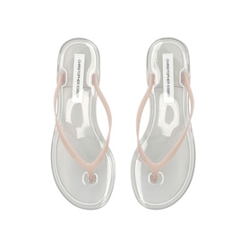 Christopher Esber flip flop sandals in multi, featuring pale pink thong straps and clear transparent sole, top-down view