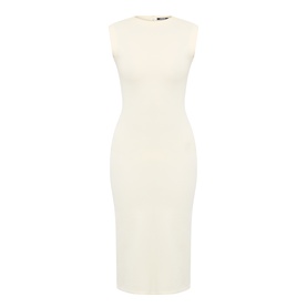 Jacquemus off-white sleeveless midi dress with round neckline and fitted silhouette in stretch viscose blend.