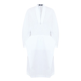 Jacquemus white cotton dress with V-neckline, long sleeves, and relaxed silhouette with side slits