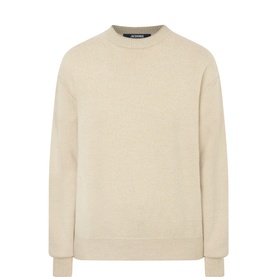Jacquemus light beige merino wool crew neck knit sweatshirt with ribbed cuffs and hem
