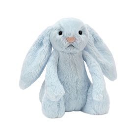 Jellycat blue plush bunny rattle with long floppy ears, soft fluffy texture and pink nose, medium size