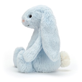 Jellycat blue bunny rattle soft toy with long floppy ears, fluffy white tail, seated side profile view