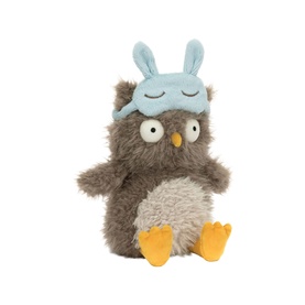 Jellycat grey fluffy owl plush toy with yellow feet and light blue bunny ear sleep mask, seated upright