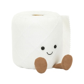 Jellycat Amuseables white toilet roll plush soft toy with smiley face and brown feet, small size