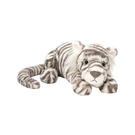 Jellycat white plush tiger soft toy, lying down with grey stripe detailing and long tail, medium size