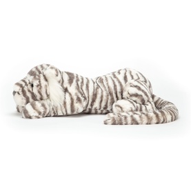 Jellycat white and grey striped snow tiger plush toy, lying flat pose with curved tail, medium size soft doll