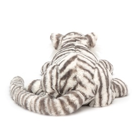 Jellycat white plush tiger soft toy seen from behind, with grey stripe detailing and curled tail, medium size