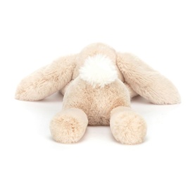 Jellycat plush bunny soft toy, rear view, showing fluffy cream fur, white tail, and floppy ears, medium size
