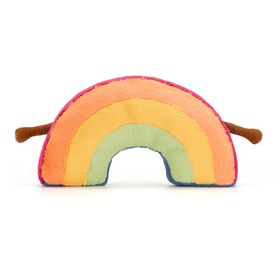 Jellycat Amuseables Rainbow plush toy in multicolour stripes with small brown arms, soft curved arch shape