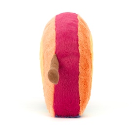 Jellycat Amuseables plush hot dog toy, side view showing orange bun with bright pink centre stripe and small brown sausage detail.