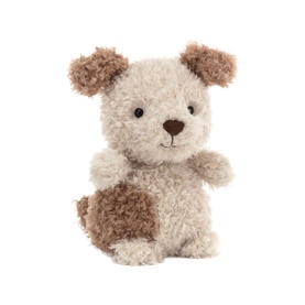 Jellycat light brown fluffy puppy soft toy with curly textured fur, floppy ears, and small brown nose