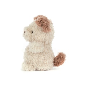 Jellycat light brown fluffy puppy soft toy with cream curly fur and darker brown ears and tail tuft, small size.