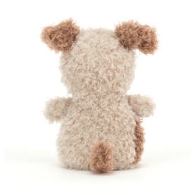 Jellycat light brown fluffy plush puppy soft toy, rear view showing curly textured fur and small rounded ears.