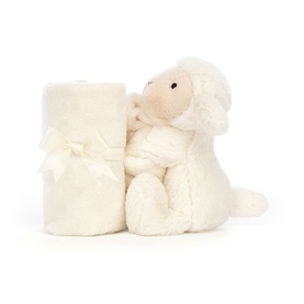 Jellycat cream lamb soother with soft plush toy attached to rolled fleece blanket tied with a cream ribbon bow.
