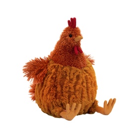 Jellycat brown plush chicken soft toy with fluffy feathered body, red comb, and textured feet