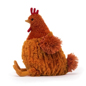 Jellycat brown plush chicken soft toy with red comb, fluffy orange-brown feathered body and tail, seated pose.
