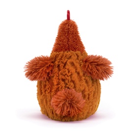 Jellycat brown plush chicken soft toy, rear view showing fluffy orange-brown textured body and small tail pompom