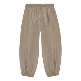 Taupe parachute-style trousers with elasticated waist, drawstring tie, and gathered ankle cuffs