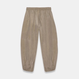 Taupe balloon-leg trousers with elasticated waist and gathered cuffs, laid flat