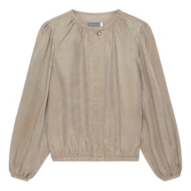 Taupe long-sleeve blouse with gathered puff sleeves, elasticated cuffs, round neck, and pintuck front detail