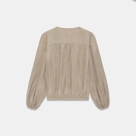 Beige sheer blouse with gathered yoke, blouson sleeves, and elasticated cuffs, shown from the back