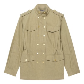 Khaki military-style jacket with gold-tone buttons, epaulettes, chest pockets, and drawstring waist