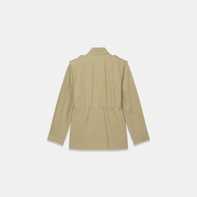 Sand utility jacket back view, cinched waist, epaulettes, and long sleeves