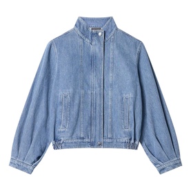 Light blue denim zip-up bomber jacket with stand collar, pintuck front seams, balloon sleeves, and elasticated hem and cuffs