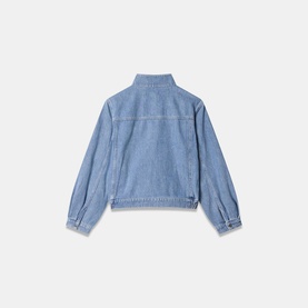 Light blue denim jacket with mock neck collar, elasticated cuffs, and boxy cropped silhouette, shown from the back