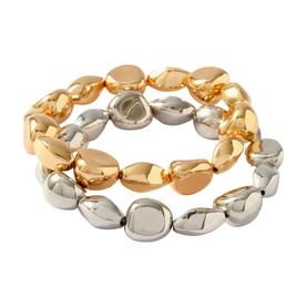 Mint Velvet Two-pack Mixed Metal Beaded Bracelets in gold and silver tone, featuring chunky nugget-style beads, pull-on style, set of two
