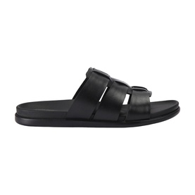 KG by Kurt Geiger black leather men's slide sandal with double buckle straps and flat sole, side profile view