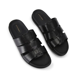 KG by Kurt Geiger black leather men's slide sandals with three straps and cushioned footbed, overhead view
