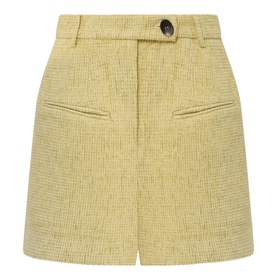 Odd Muse Boucl&eacute; Tailored Shorts in chartreuse, high-rise waistband, button fastening, jetted pockets, above-the-knee length