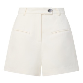Odd Muse Solid Tailored Shorts in ecru, high-rise waistband, button fastening, jetted pockets, above-the-knee length, smooth finish
