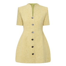Odd Muse Boucl&eacute; Tailored Mini Dress in chartreuse with V-neck, short sleeves, front button fastening and cinched waist silhouette