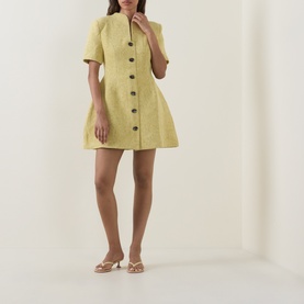 Model wearing Odd Muse Boucl&eacute; Tailored Mini Dress in chartreuse, with front button fastening, short sleeves and flared skirt. Styled with nude heeled