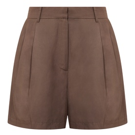 Odd Muse Solid Pleated Shorts in mushroom, high-rise with front pleats, belt loops, and above-the-knee length