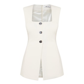 Odd Muse Solid Tailored Waistcoat in ecru with square neckline, three-button front fastening, structured shoulders and front split